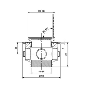 Frost Floor drain 150mm square nickel bronze with hinged cover plate and medium sump body with side inlets and threaded outlet size 4" BSP