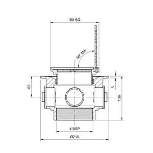 Frost Floor drain 150mm square stainless steel with hinged cover plate and medium sump body with side inlets and threaded outlet size 4" BSP