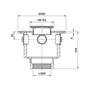 Frost Floor drain 150mm square nickel bronze grating with large deep sump body and threaded outlet size 4" BSP