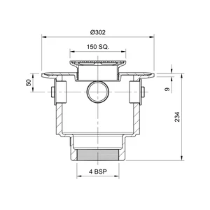 Frost Floor drain 150mm square stainless steel grating with large deep sump body and threaded outlet size 4" BSP