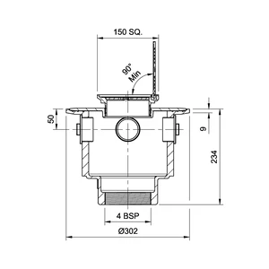 Frost Floor drain 150mm square nickel bronze grating with hinged cover plate with large deep sump body and threaded outlet size 4" BSP