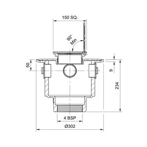 Frost Floor drain 150mm square stainless steel grating with hinged cover plate with large deep sump body and threaded outlet size 4" BSP