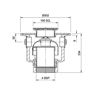 Frost Floor drain 150mm square nickel bronze grating with large trapped sump body and threaded outlet size 4" BSP