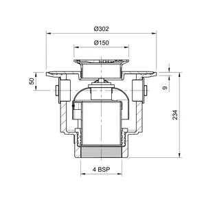 Frost Floor drain 150mm circular nickel bronze grating with large trapped sump body and threaded outlet size 4" BSP