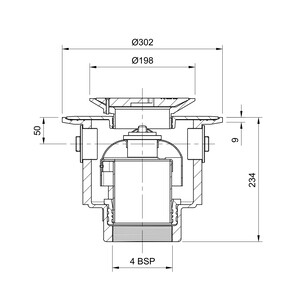 Frost Floor drain 200mm circular ductile iron grating with large trapped sump body and threaded outlet size 4" BSP