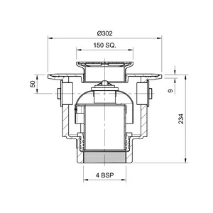 Frost Floor drain 150mm square stainless steel grating 3mm slots with large trapped sump body and threaded outlet size 4" BSP