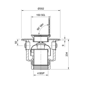 Frost Floor drain 150mm square nickel bronze grating with hinged cover plate with large trapped sump body and threaded outlet size 4" BSP