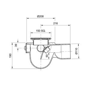 Frost Floor drain 150mm square nickel bronze grating with medium sump -'P' trap - spigot outlet size 100mm