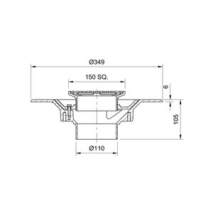 Frost Floor drain 150mm square stainless steel grating with medium sump body - spigot outlet size 100mm
