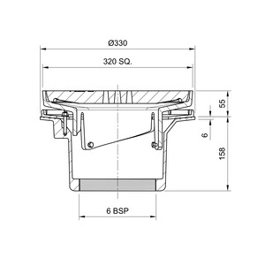 Frost Inverted Roof drain assembly - cast iron grating non-adjustable 320mm square, large sump body with clamp, vertical threade outlet 6" BSP