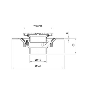 Frost Floor drain 200mm square nickel bronze grating with medium sump body - spigot outlet size 100mm