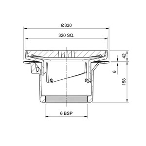Frost Floor drain assembly heavy duty, 320mm grating square, large sump body cast iron vertical outlet BSP6