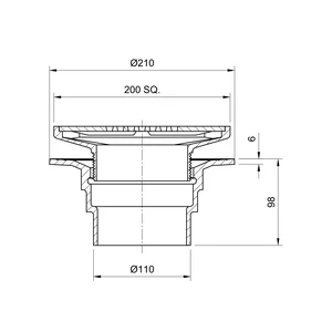 Frost Floor drain 200mm square nickel bronze grating with small sump body and spigot outlet size 100mm
