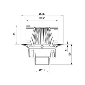 Frost Inverted Roof drain assembly - fixed dome 220mm and 150mm gravel guard, large sump body with clamp, vertical spigot outlet 110mm