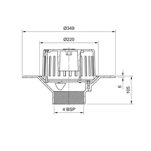 Frost Aluminium Cold Roof drain assembly - fixed anti-vortex dome 220mm circular, medium sump body with clamp, vertical threaded outlet 4" BSP