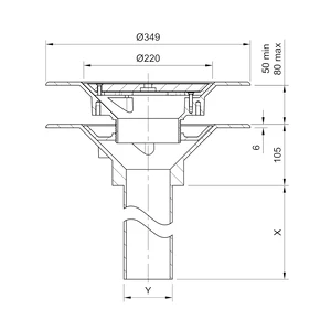 Frost Aluminium Warm Roof drain assembly - aluminium grating, fixed 240mm circular, medium sump body with clamp, vertical 200mm spigot outlet 100mm dia