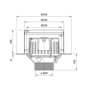 Frost Aluminium Inverted Roof drain assembly - fixed anti-vortex dome 220mm, medium sump body with clamp, vertical threaded outlet 4" BSP