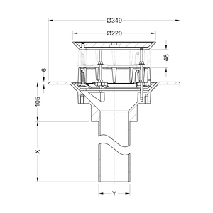 Frost Aluminium Inverted Roof drain assembly - aluminium grating, fixed 240mm circular, medium sump body with clamp, vertical 200mm spigot outlet 100mm dia