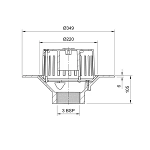 Frost Aluminium Cold Roof drain assembly - fixed anti-vortex dome 220mm circular, medium sump body with clamp, vertical threaded outlet 3" BSP