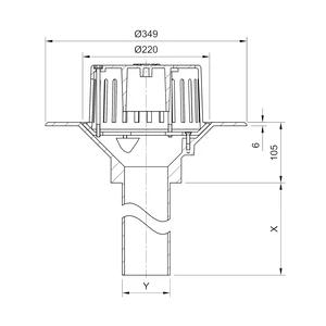 Frost Aluminium Cold Roof drain assembly - fixed anti-vortex dome 220mm circular, medium sump body with clamp, vertical 200mm spigot outlet 75mm dia