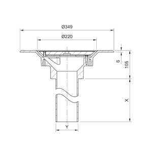Frost Aluminium Cold Roof drain assembly - aluminium grating, fixed 240mm circular, medium sump body with clamp, vertical 200mm spigot outlet 75mm dia