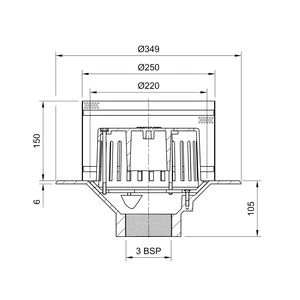 Frost Aluminium Inverted Roof drain assembly - fixed anti-vortex dome 220mm, medium sump body with clamp, vertical threaded outlet 3" BSP
