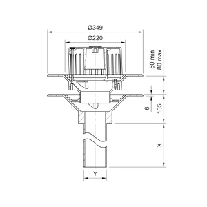 Frost Aluminium Warm Roof drain assembly - fixed anti-vortex dome 220mm circular, medium sump body with clamp, vertical 200mm spigot outlet 75mm dia