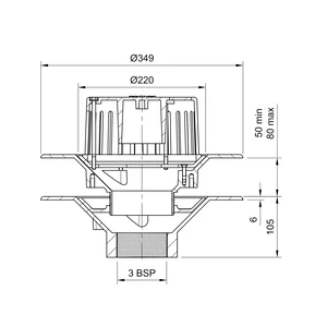 Frost Aluminium Warm Roof drain assembly - fixed anti-vortex dome 220mm circular, medium sump body with clamp, vertical threaded outlet 3" BSP