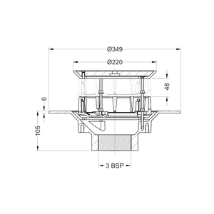 Frost Aluminium Inverted Roof drain assembly - aluminium grating, fixed 240mm circular, medium sump body with clamp, vertical threaded outlet 3" BSP