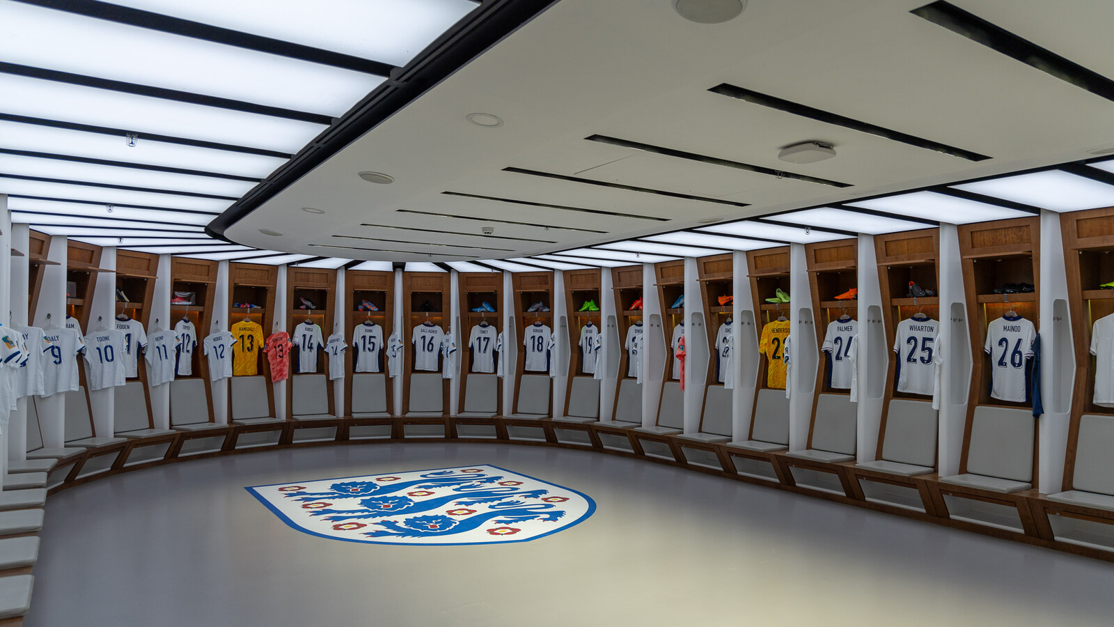 Wembley Stadium changing room with England football team shirts