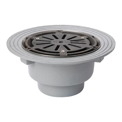 Frost Floor drain assembly medium duty th clamp fixed grating 240mm round, large sum body cast iron vertical outlet BSP6