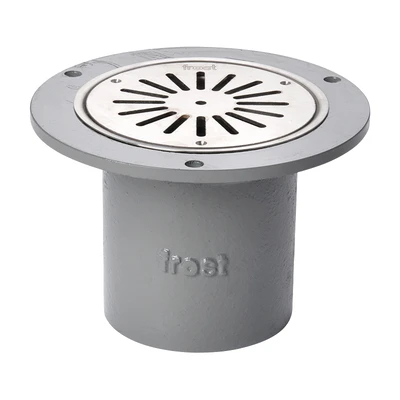 Frost Shower drain assembly trapped with clamp for vinyl floors, fixed grating 130mm round small sump body cast iron vertical 100mm spigot outlet