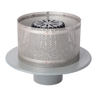 Frost Inverted Roof drain assembly - fixed dome 220mm and 150mm gravel guard, medium sump body with clamp, vertical threaded outlet 4" BSP
