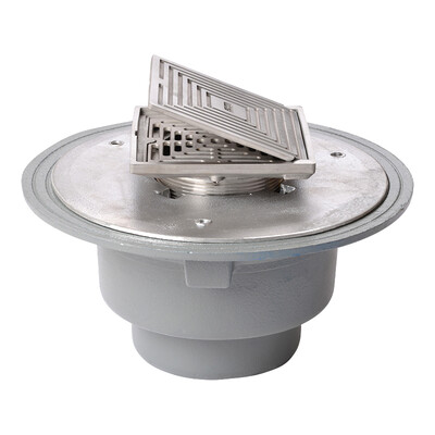 Frost Floor drain 150mm square stainless steel grating with hinged cover plate with large sump body and spigot outlet size 100mm
