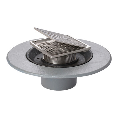 Frost Floor drain 150mm square stainless steel grating with hinged cover plate with medium sump body and threaded outlet size 4" BSP