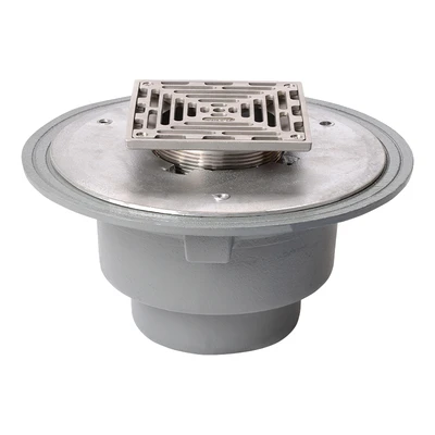 Frost Floor drain 150mm square stainless steel grating with large sump body and threaded outlet size 4" BSP