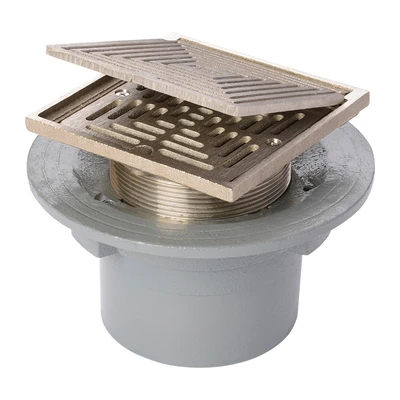 Frost Floor drain 150mm square nickel bronze grating with hinged cover plate with small sump body and threaded outlet size 4" BSP