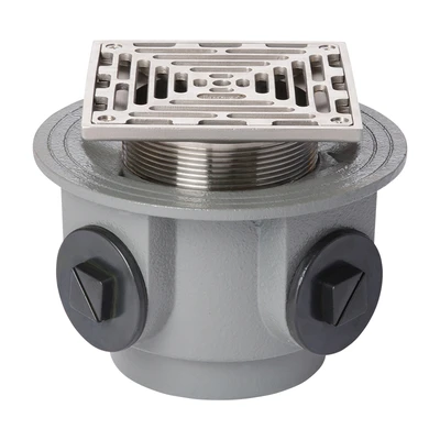 Frost Floor drain 150mm square stainless steel grating and medium sump body with side inlets and threaded outlet size 4" BSP