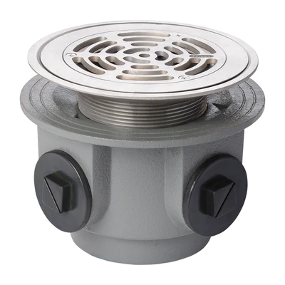 Frost Floor drain 178mm circular stainless steel grating for vinyl floors and medium sump body with side inlets and threaded outlet size 4" BSP