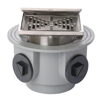 Frost Floor drain 150mm square nickel bronze with hinged cover plate and medium sump body with side inlets and threaded outlet size 4" BSP