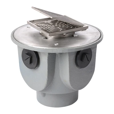 Frost Floor drain 150mm square nickel bronze grating with hinged cover plate with large deep sump body and threaded outlet size 4" BSP