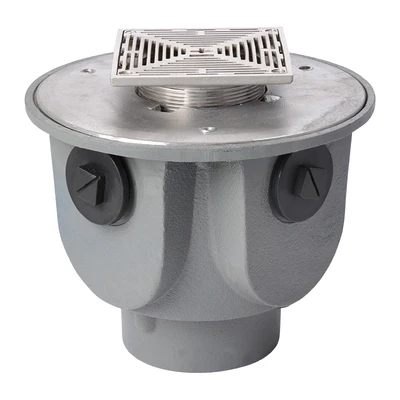 Frost Floor drain 150mm square stainless steel grating 3mm slots with large trapped sump body and threaded outlet size 4" BSP