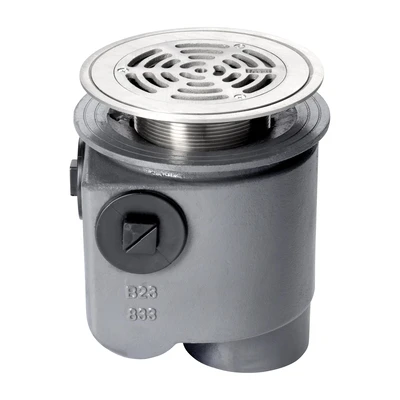 Frost Floor drain 178mm circular nickel bronze grating for vinyl floors with medium sump -'S' trap - spigot outlet size 100mm