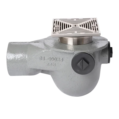 Frost Floor drain 150mm square stainless steel grating 3mm slots with medium sump -'P' trap - spigot outlet size 100mm