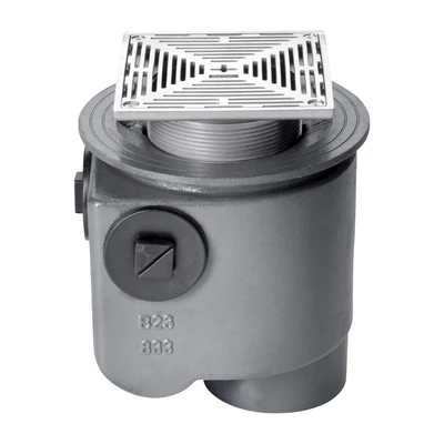 Frost Floor drain 150mm square stainless steel grating 3mm slots with medium sump -'S' trap - spigot outlet size 100mm