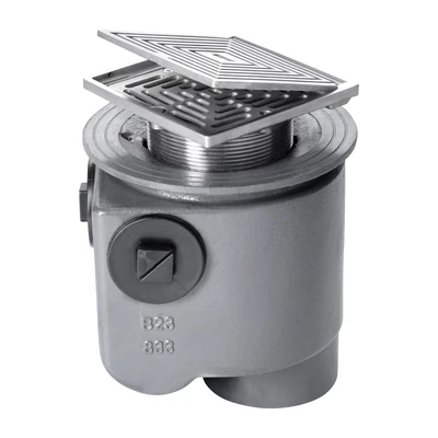 Frost Floor drain 150mm square stainless steel grating with hinged cover plate with medium sump -'S' trap - spigot outlet size 100mm