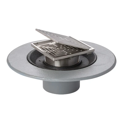 Frost Floor drain 150mm square stainless steel grating with hinged cover plate with medium sump body and horizontal threaded outlet size 4" BSP