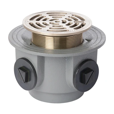 Frost Floor drain 200mm circular stainless steel grating and medium sump body with side inlets and threaded outlet size 4" BSP
