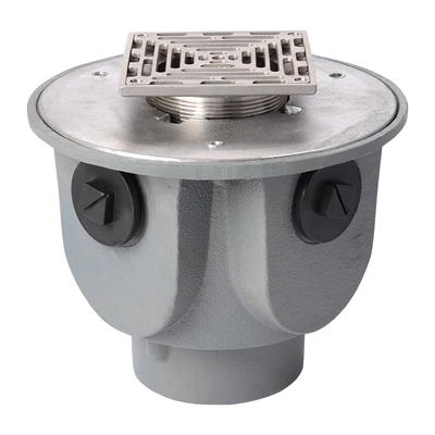 Frost Floor drain 200mm square nickel bronze grating with large trapped sump body and threaded outlet size 4" BSP