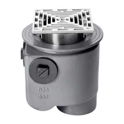 Frost Floor drain 200mm square stainless steel grating with medium sump -'S' trap - spigot outlet size 100mm
